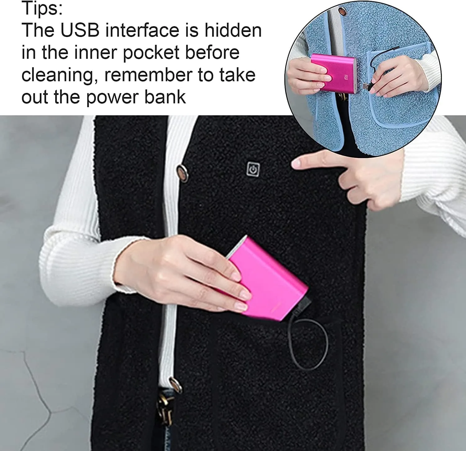 Жилет с подогревом из флиса, легкая куртка с электрическим подогревом от USB и 5 уровнями нагрева, батарейка в комплект не входит Generic, черный — фото 4
