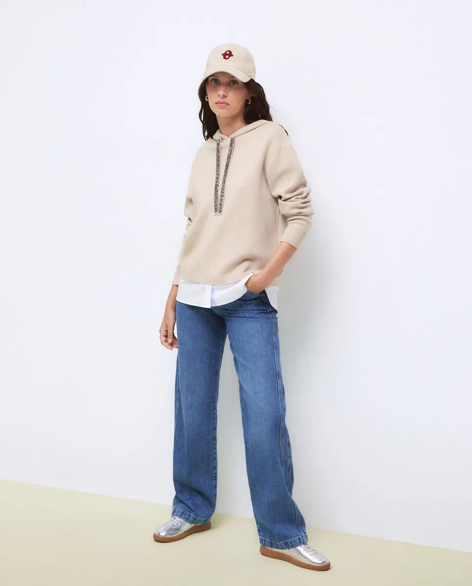 

Женский комбинированный свитер из поплина с длинными рукавами и капюшоном Tintoretto, бежевый