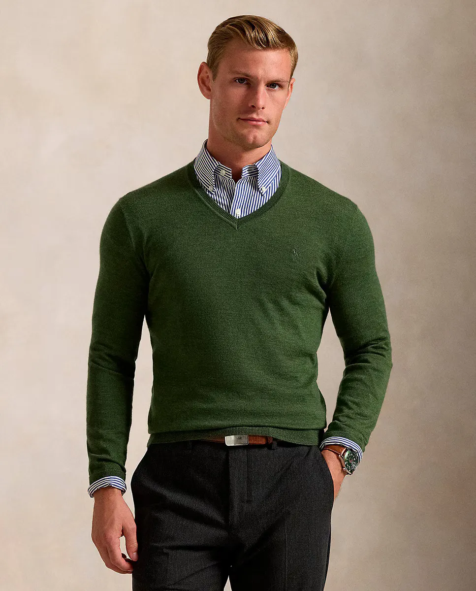 

Мужской свитер из шерсти мериноса с V-образным вырезом Polo Ralph Lauren, цвет Verde Musgo