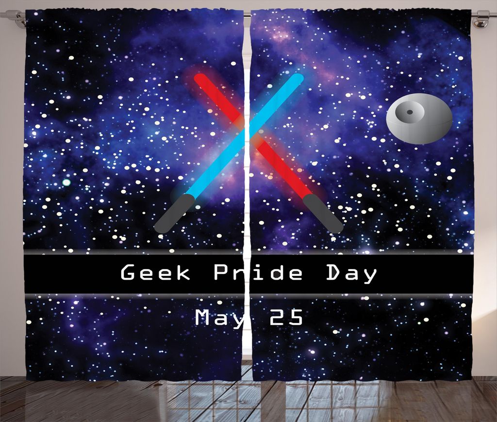 

ABAKUHAUS Galaxy Rustic Curtain, Geek Nerd Pride Day, универсальные ленточные шторы для гостиной с петлями и крючками, 280 x 260 см, черный, синий и красный