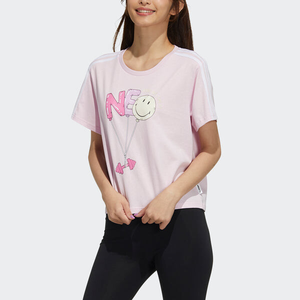 Футболка neo csmy tee2 с рисунком повседневные спортивные с коротким рукавом розовые красные Adidas, красный — фото 2