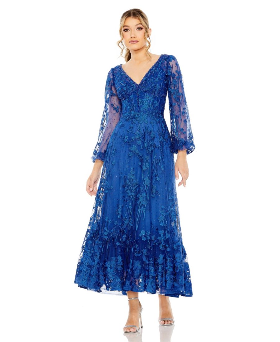 

Женское платье А-силуэта с V-образным вырезом, сетчатыми вставками, пышными рукавами и декором Mac Duggal, Royal