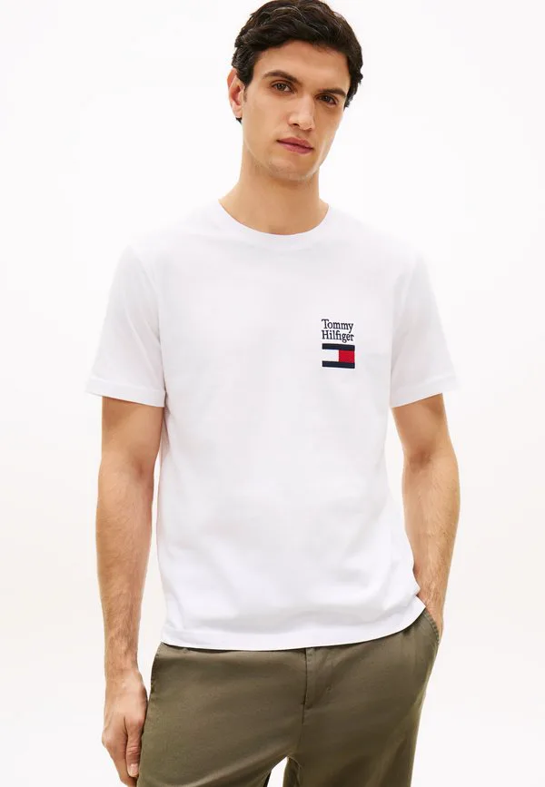 Футболка с вышитым логотипом, круглый вырез, принт. Tommy Hilfiger, White