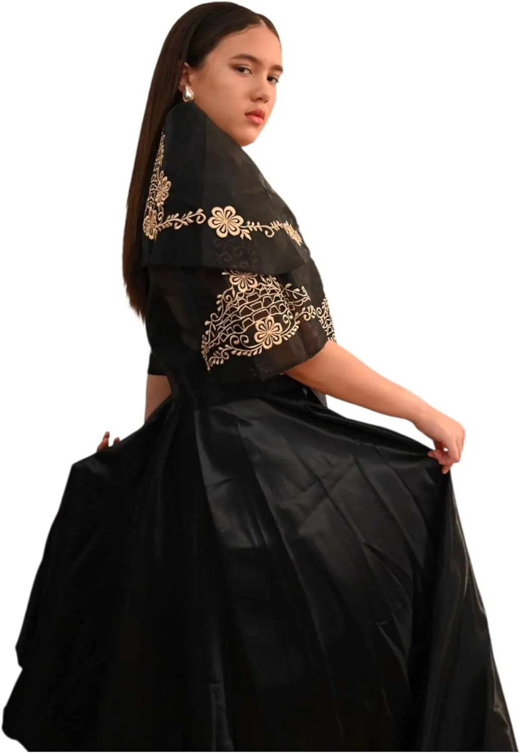 Традиционный топ Maria Clara Filipiniana Alampay с цветочной вышивкой, рукав 3/4 Generic, черный