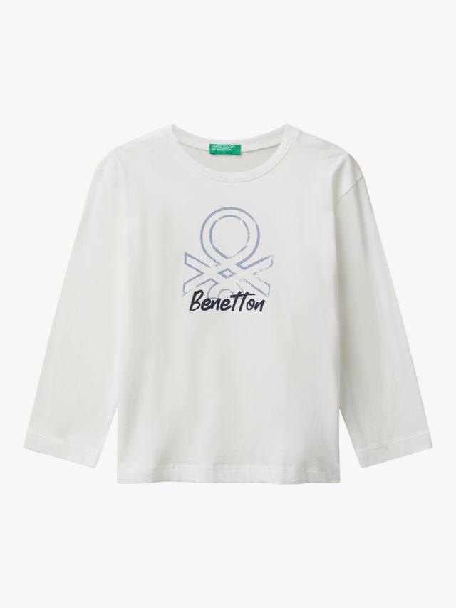 

Детская хлопковая футболка с длинным рукавом и логотипом Benetton, White