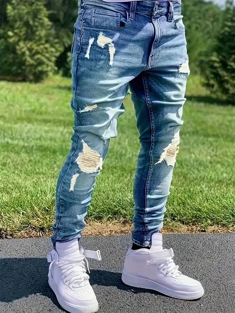 Джинсы Slim Fit с потертостями, Синий — фото 3