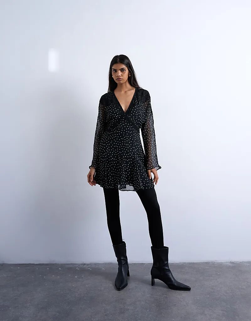 

Мини-платье Topshop с длинными рукавами и кружевной отделкой в ​​однотонный горошек