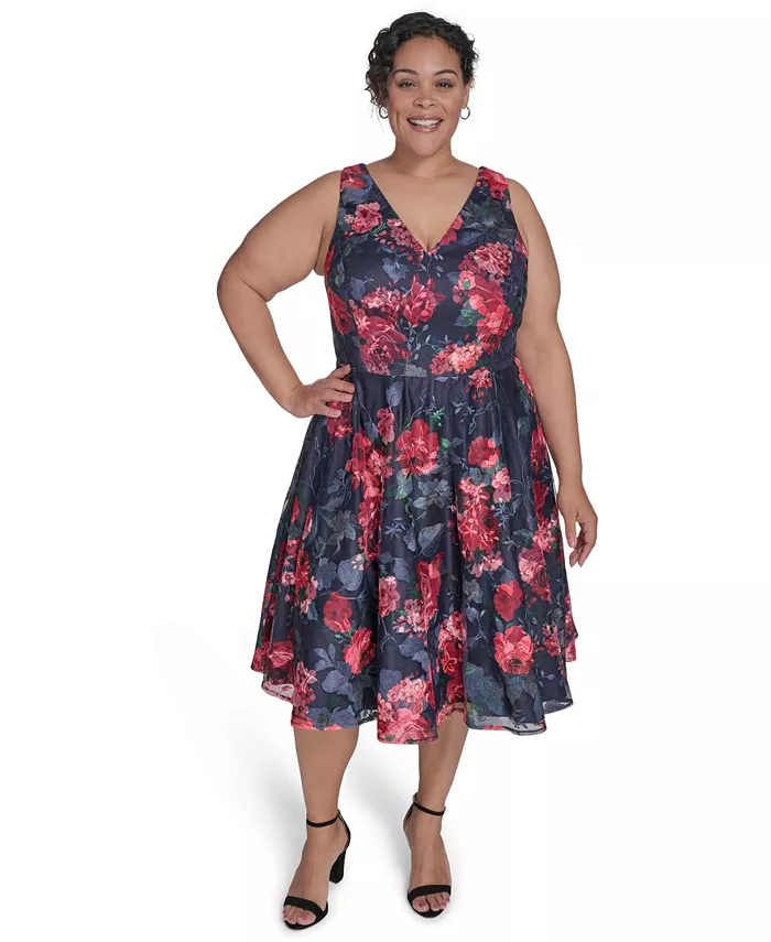 

Платье больших размеров без рукавов с вышивкой, облегающее и расклешенное Eliza J