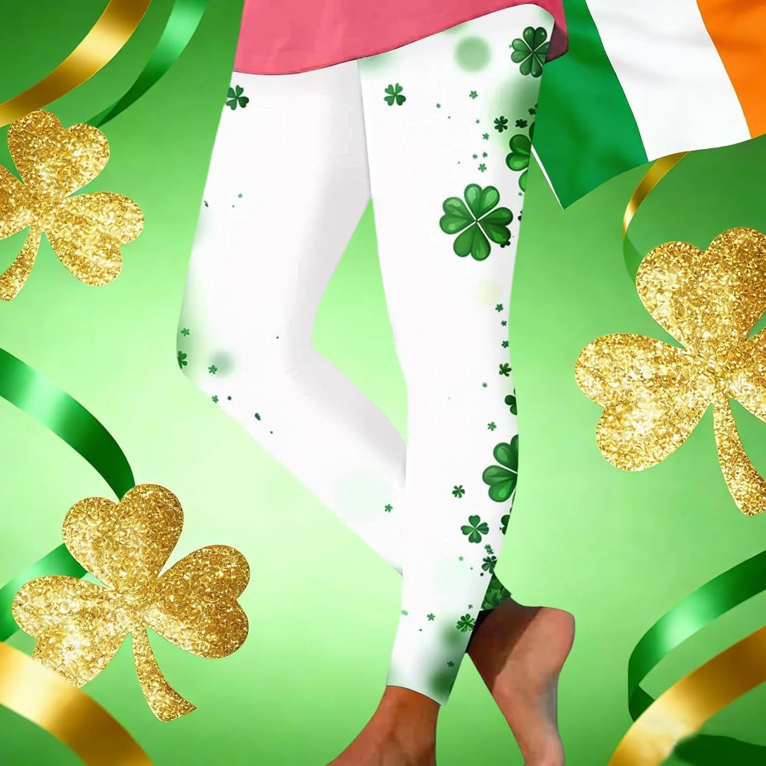 Generic Леггинсы St Patricks Day для женщин с забавным принтом зеленого клевера четырехлистника, йога-тайтсы для ирландского фестиваля и вечеринки — фото 2