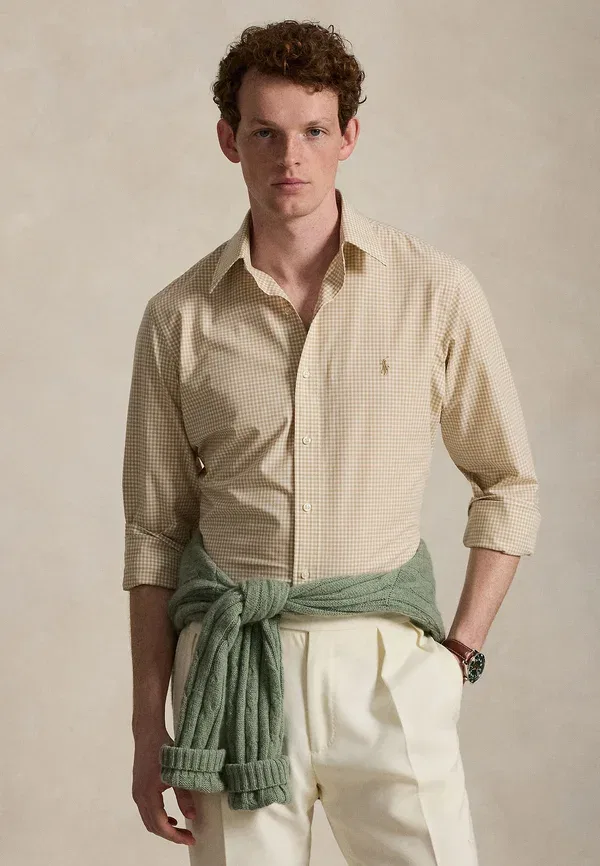 Рубашка Polo Ralph Lauren Custom fit gingham stretch poplin shirt, винтажный хаки/белый
