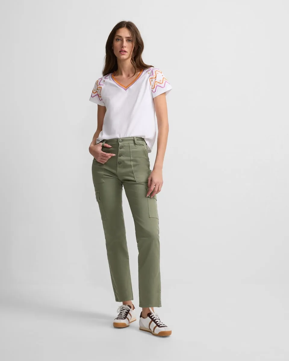 

Женские прямые джинсы-каббардные с карманами карго цвета хаки Silbon