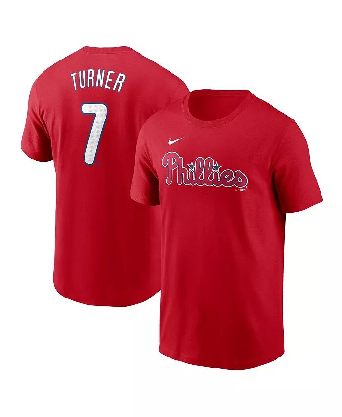 

Мужская красная футболка Trea Turner Philadelphia Phillies Fuse с именем и номером Nike, красный