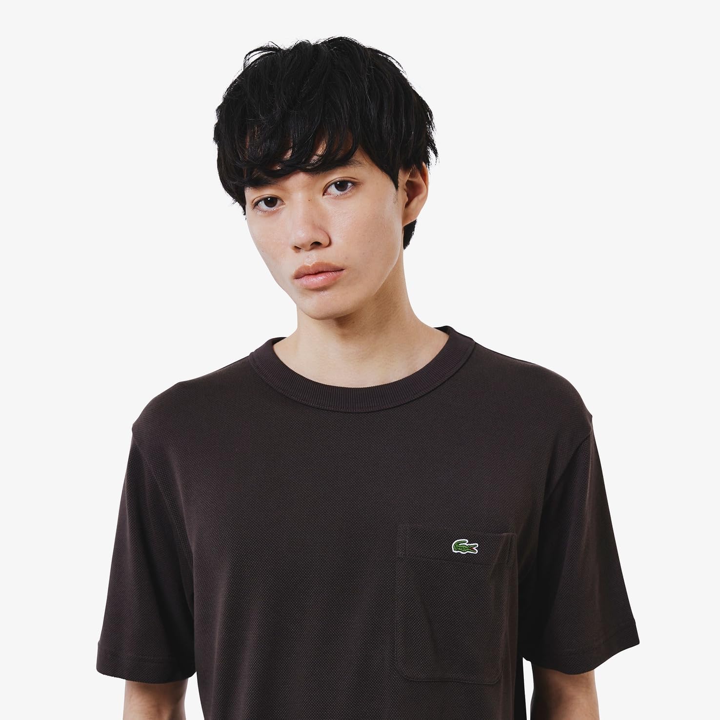 Мужская хлопковая трикотажная футболка Lacoste с коротким рукавом и карманом, темно-коричневый — фото 3
