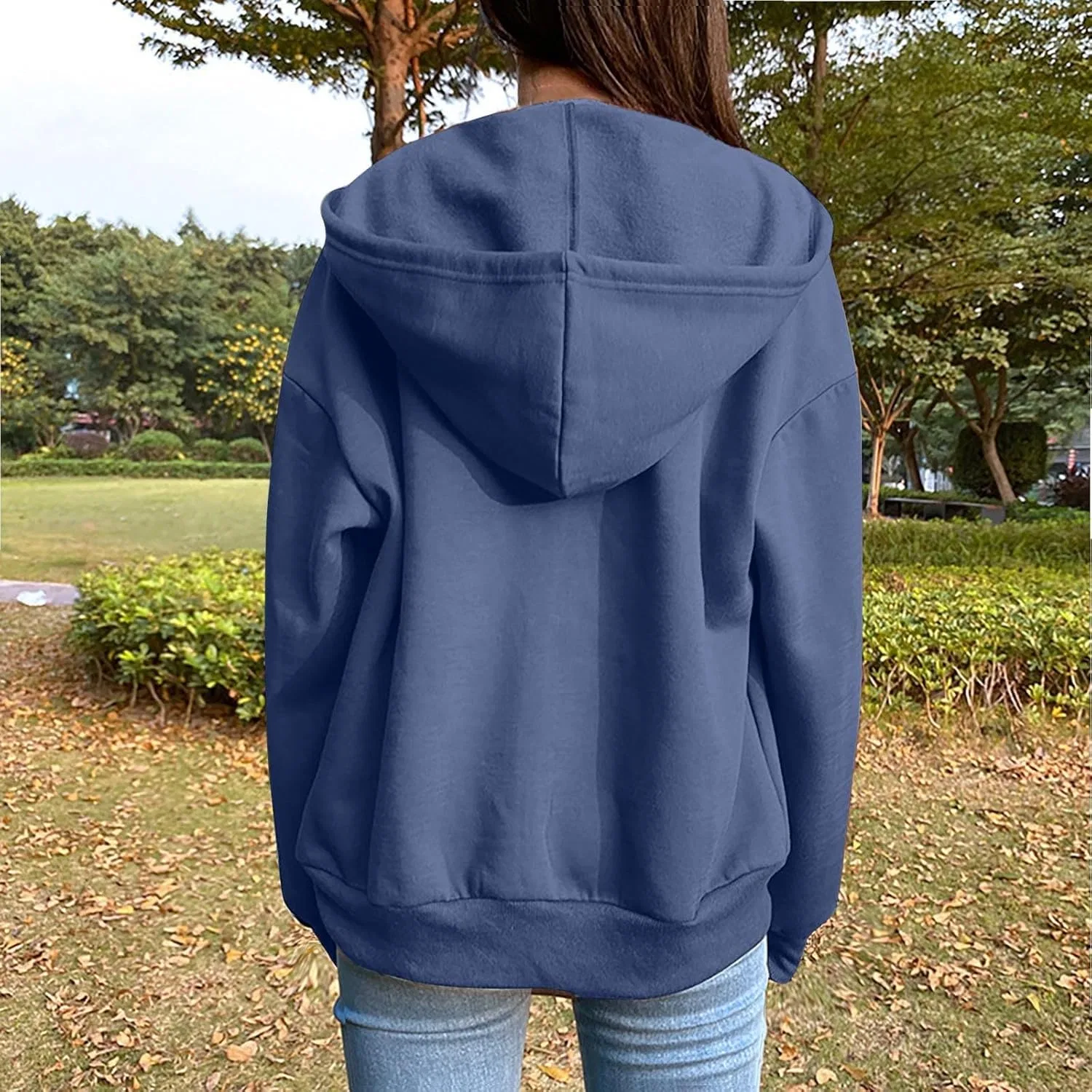 Женские худи и толстовки Generic Hoodies 2024: повседневная рубашка с длинным рукавом на молнии, флисовая куртка-худи, пальто, осенняя одежда с карманами, 01-темно-синий — фото 3