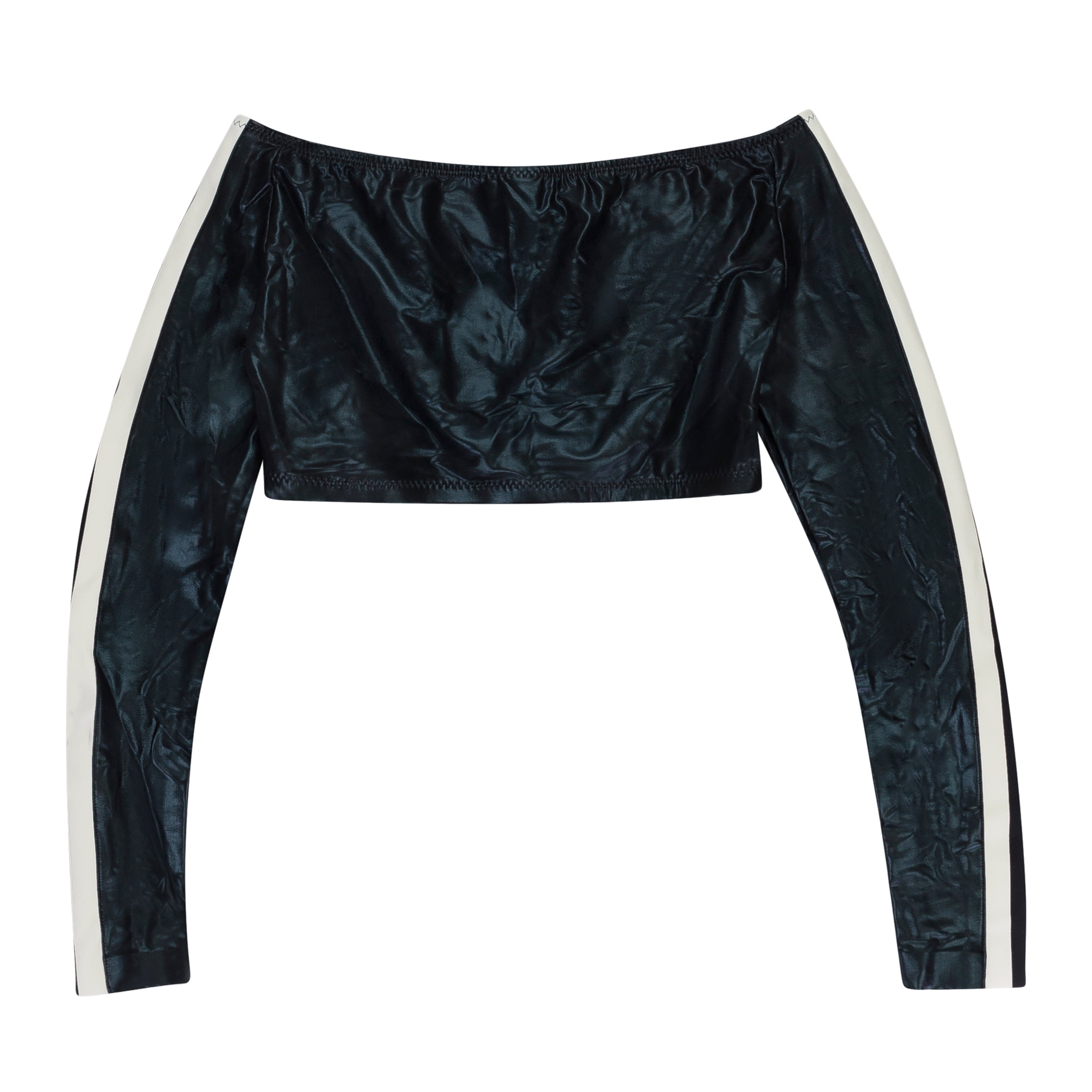 

Черный укороченный топ с открытыми плечами и боковыми полосками Norma Kamali