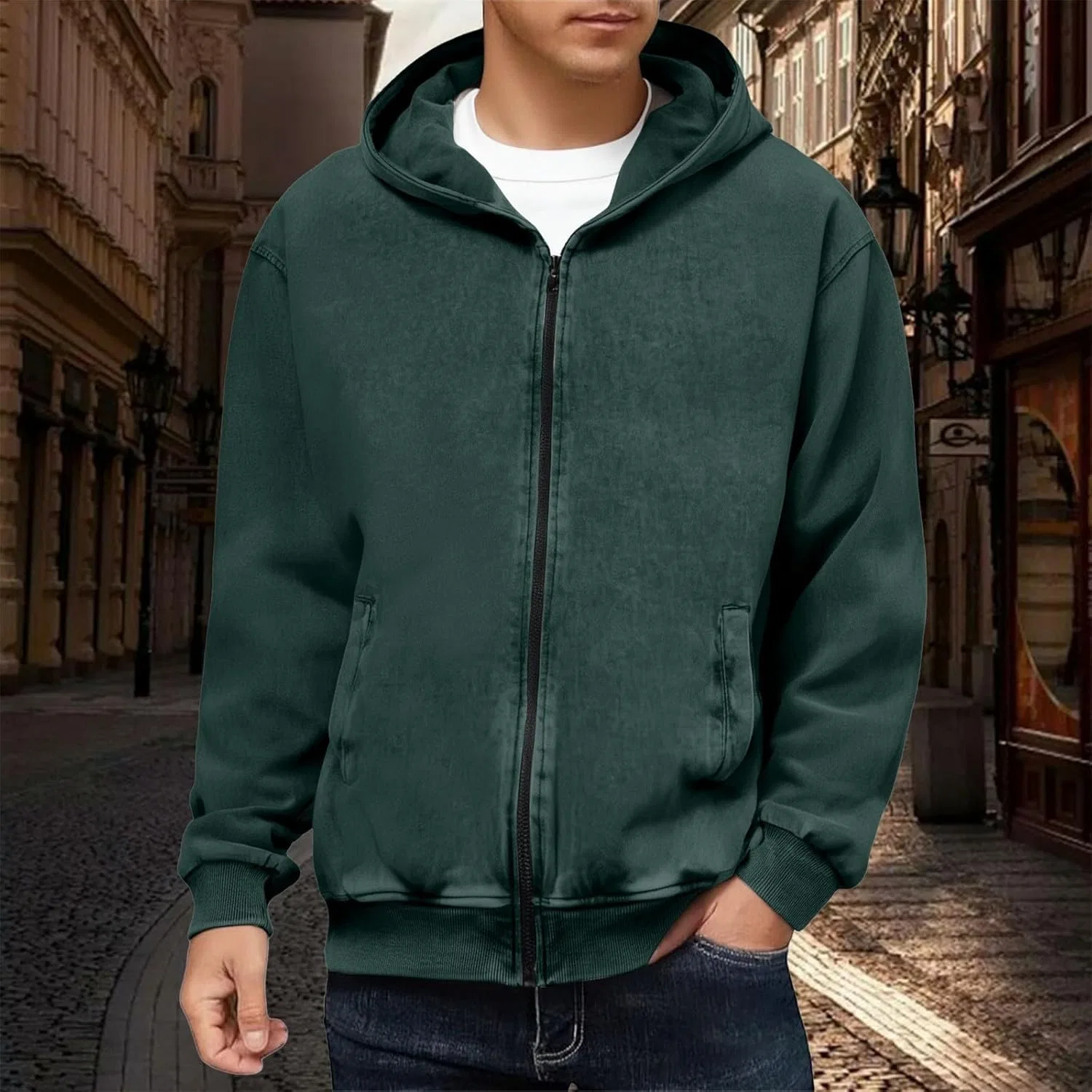 Худи мужское на молнии, винтажное, выцветшее, Blackish Green — фото 3