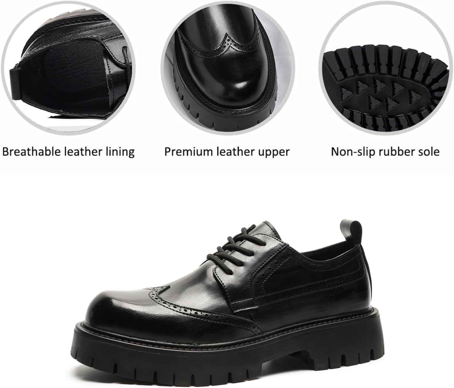Мужские кожаные туфли на платформе Oxfords, винтажные, с круглым носком, массивной подошвой, повседневные туфли с крылышками, броги, бизнес-туфли для работы и офиса, дерби Xiaoguli, черный — фото 2