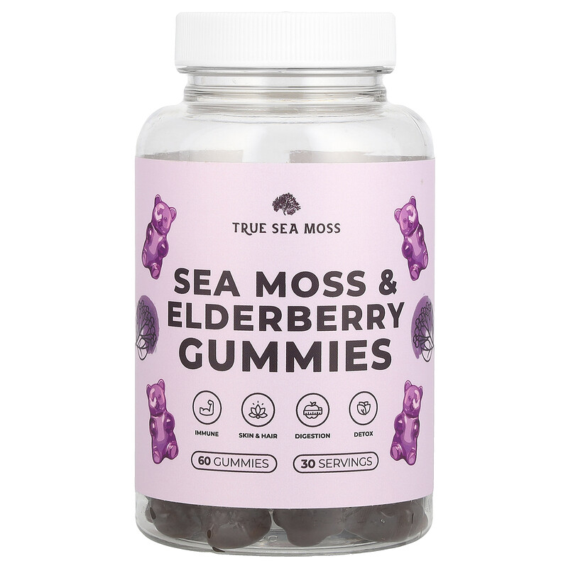 

True Sea Moss, Жевательные мармеладки с морским мохом и бузиной, 60 шт.