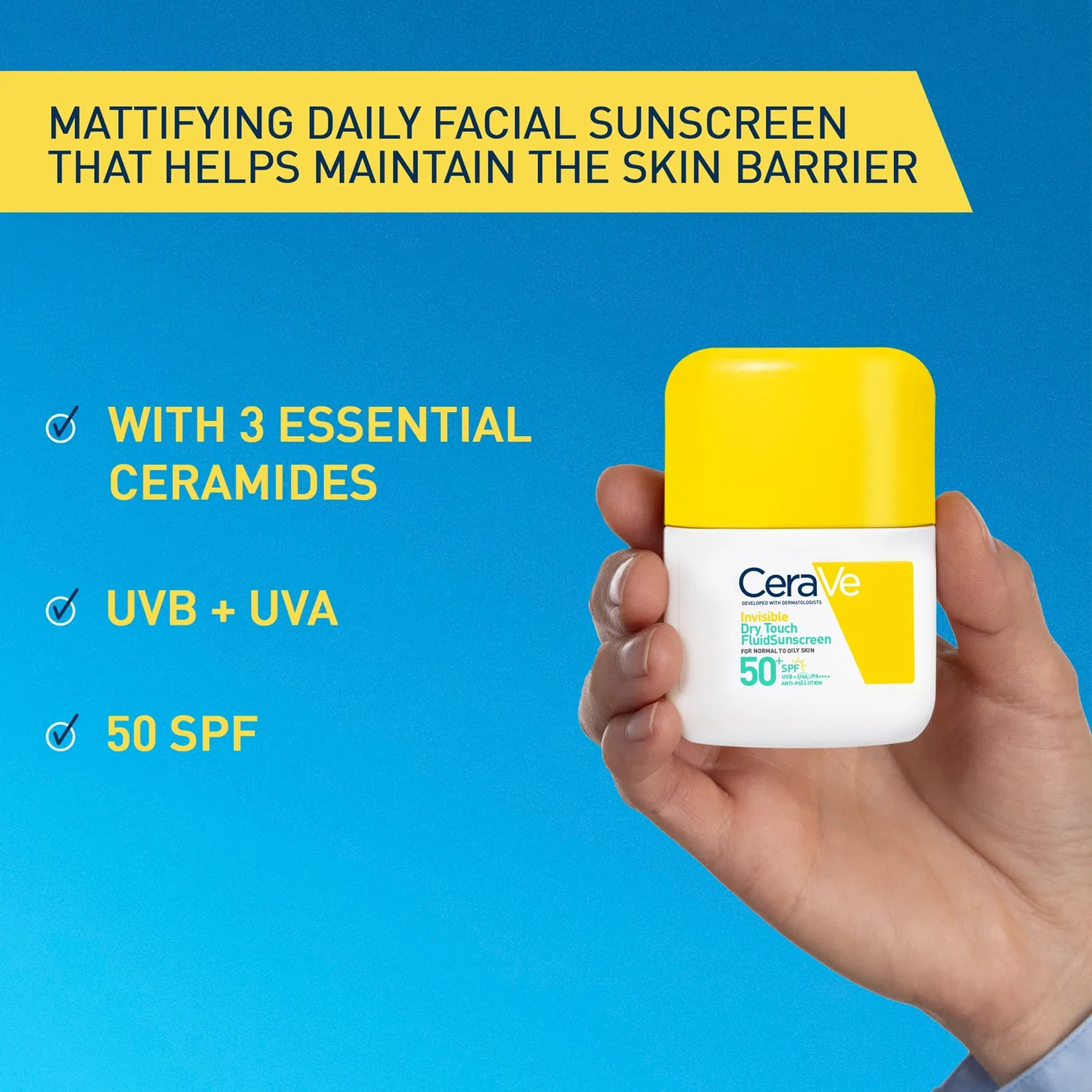 Невидимый, сухой на ощупь, солнцезащитный флюид SPF 50 для нормальной и жирной кожи с 3 необходимыми церамидами, 50 мл Cerave — фото 2