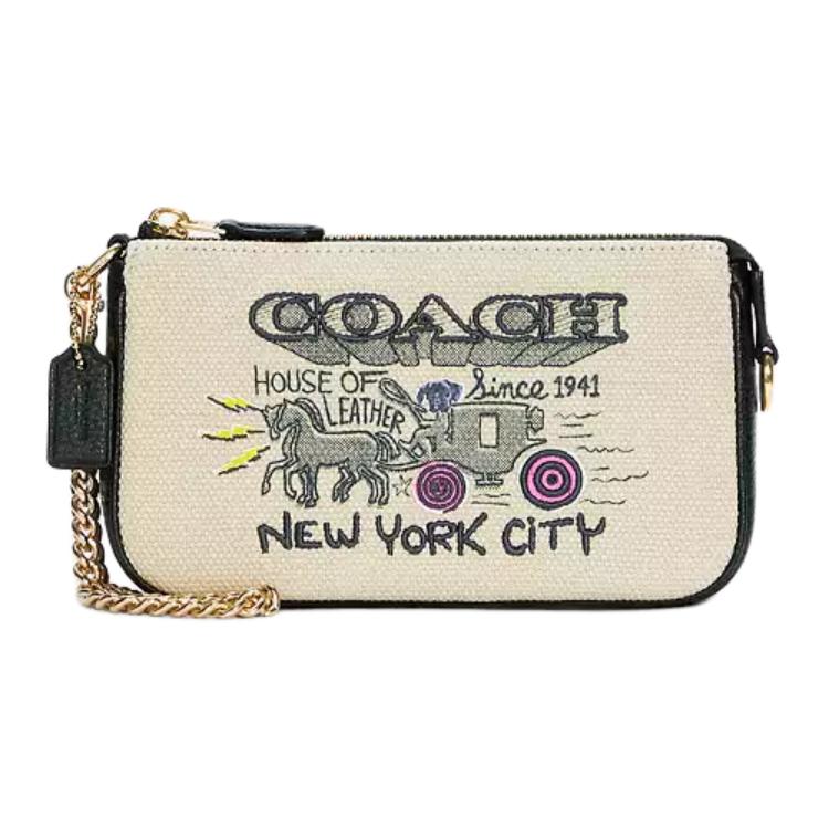 

COACH Белая женская сумочка-конверт на холсте с кожаной отделкой