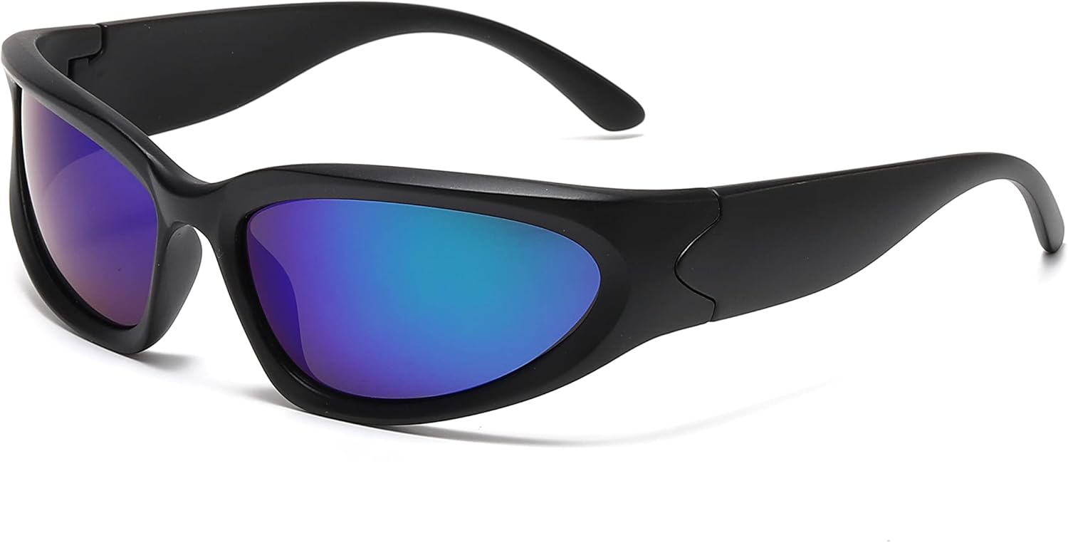 

Спортивные солнцезащитные очки обтекаемой формы для мужчин и женщин, в стиле Y2k, солнцезащитные очки-маска, защита от УФ-излучения UV400 Kyiduo, Black Frame/Blue Lens