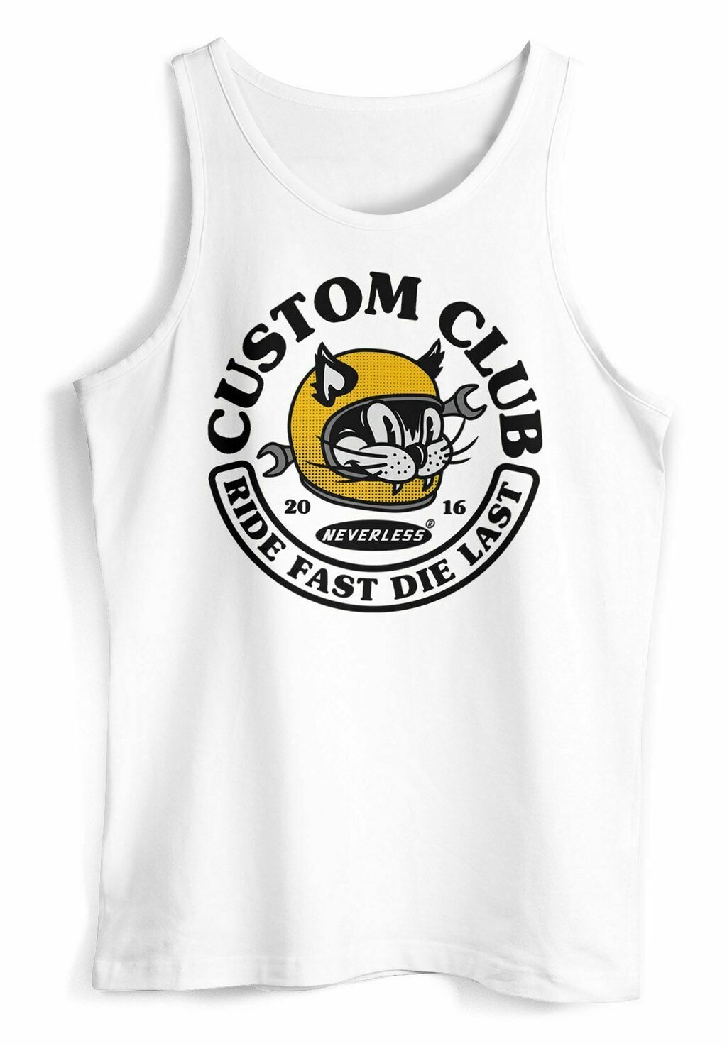 

Топ BIKER MOTIV RACING CAT SCHRIFTZUG RIDE FAST DIE Neverless, белый