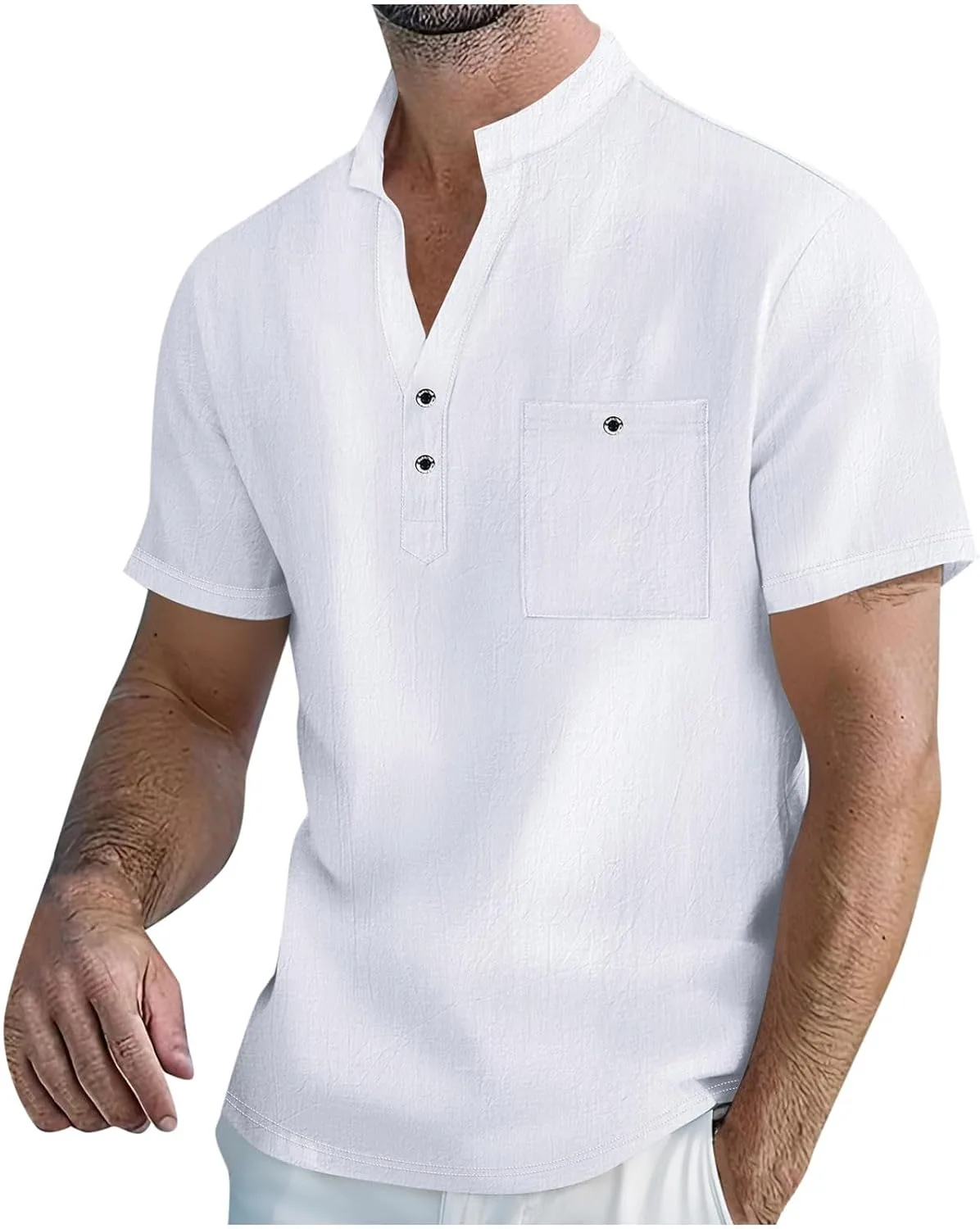 

Хлопковая льняная рубашка-поло для мужчин с коротким рукавом и нагрудным карманом