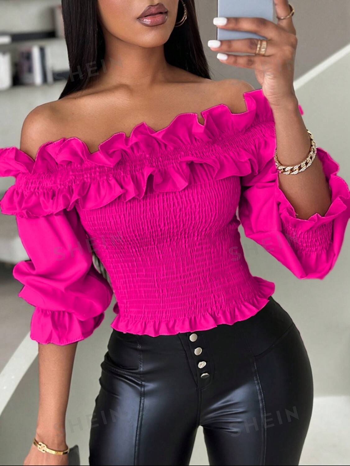 

Блузка Shein Privé с открытыми плечами и оборками, розовый