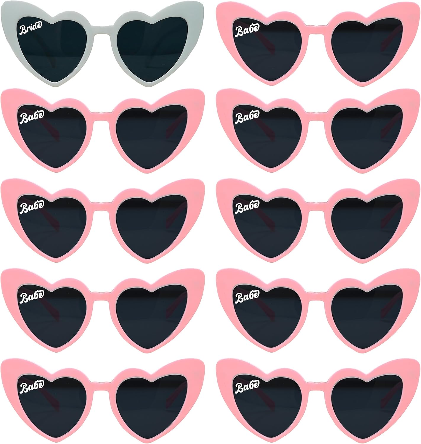 

Стильные солнцезащитные очки Funky Junque для женщин в форме сердца, модные очки для девичника, винтажные ретро-очки, очки для невесты, 10 Pack - 1 White (Bride) & 9 Pink (Babe)