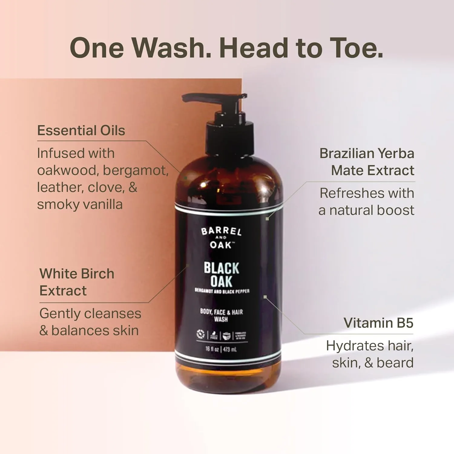 Barrel & Oak All-in-One Wash для лица, волос и тела, веганский увлажняющий гель для мужчин, набор для ухода, Black Oak, 16 унций 473 мл (1 шт.), white — фото 3