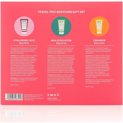 Подарочный набор Q+A Travel Trio Body Care — гель для душа с гиалуроновой кислотой, отшелушивающий скраб для тела AHA, лосьон для тела с керамидами — по 50 мл каждый — фото 3