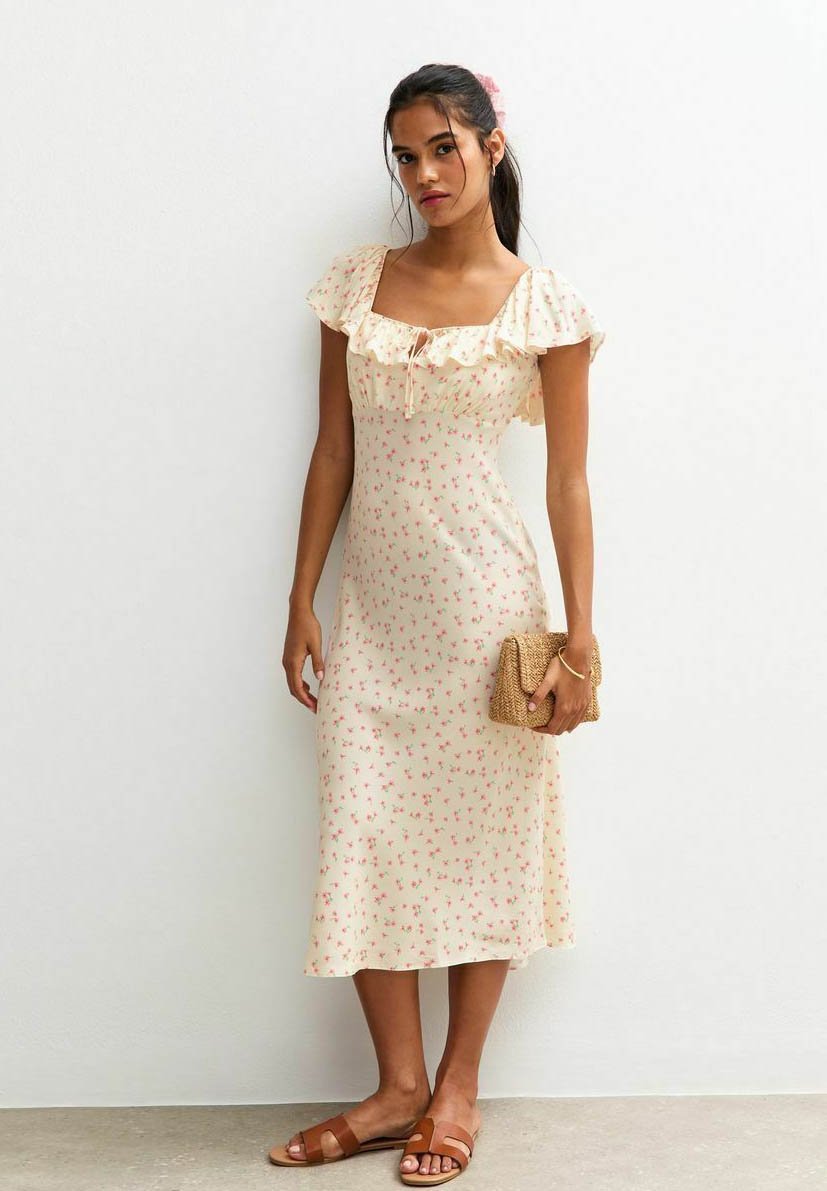 

Повседневное платье DITSY PRINT SQUARE NECK FRILL TRIM MIDI New Look, кремовый