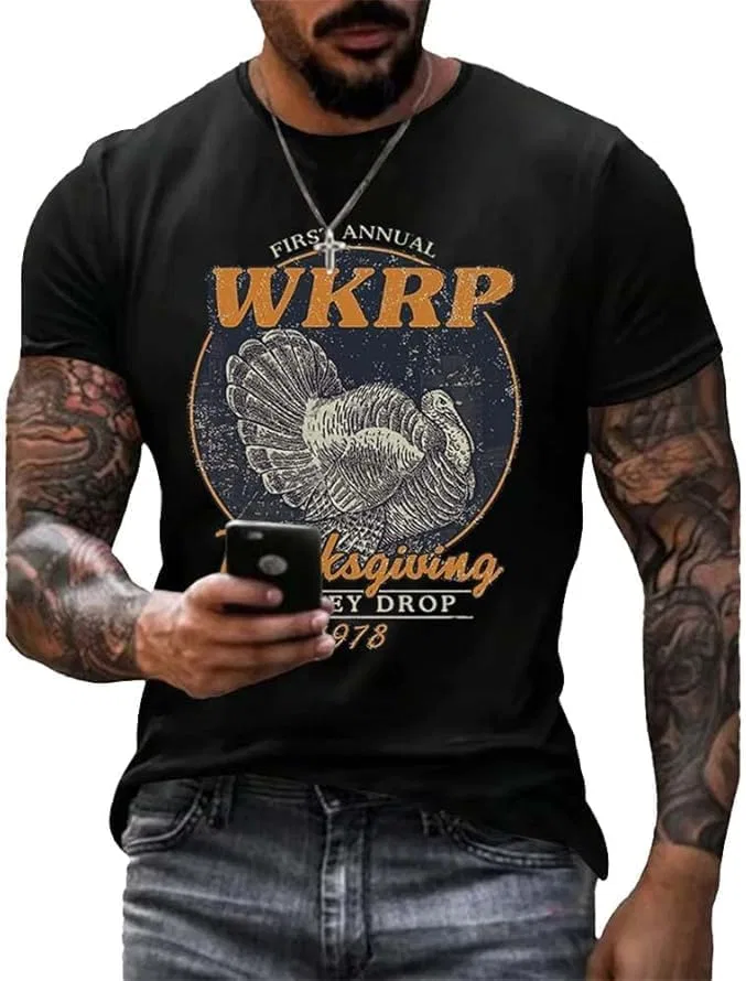 Мужская футболка с принтом "День благодарения" First Annual WKRP Turkey Drop Generic, черный