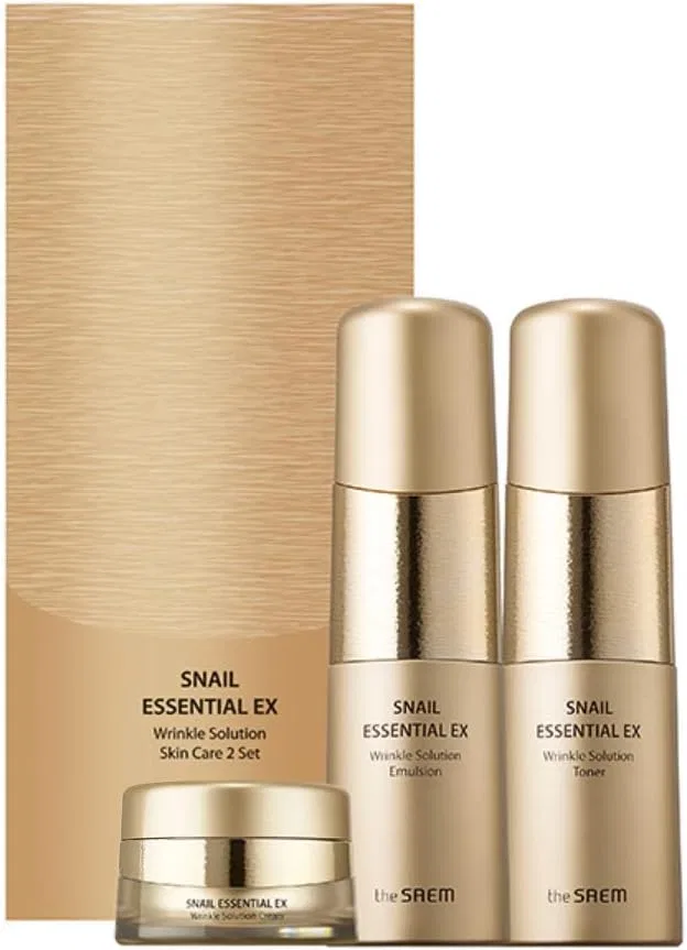 Набор уходовой косметики The Saem Snail Essential EX Wrinkle Solution: тоник 150 мл, лосьон 150 мл, крем 31 мл