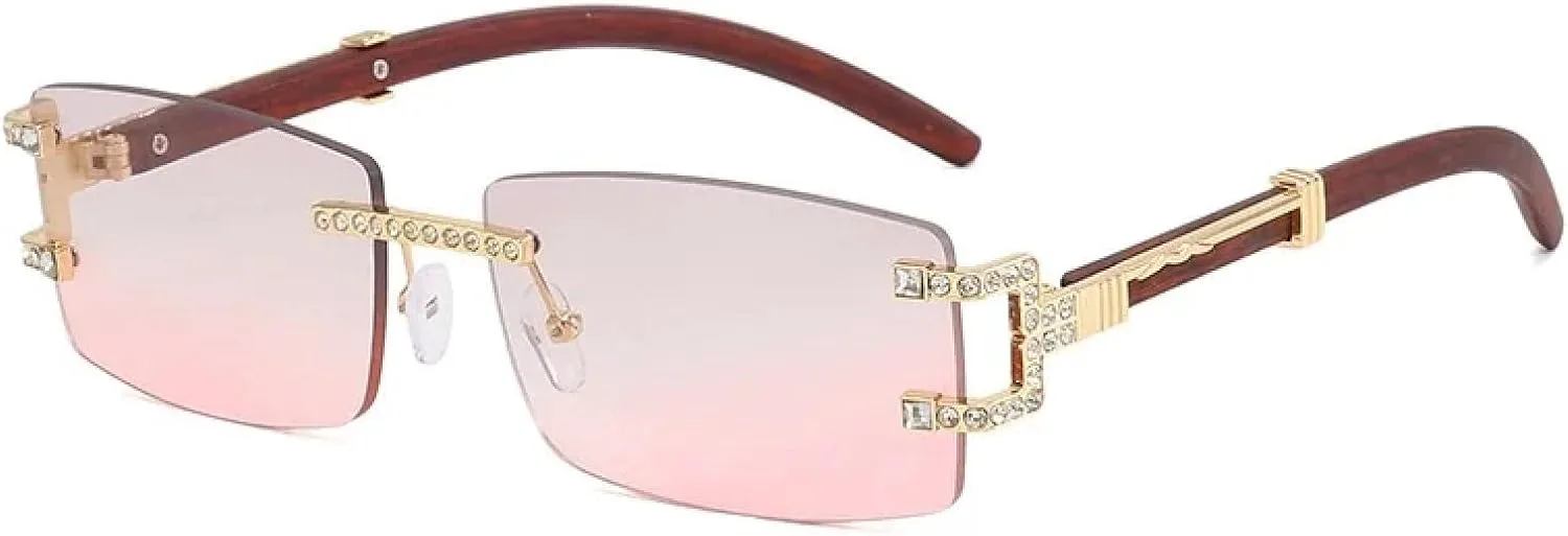 

Солнцезащитные очки для женщин и мужчин, без оправы, с бриллиантами, в стиле ретро, ​​деревянные дужки, цветные линзы, защита от УФ-излучения UV400 UATXTAU, Grey Pink