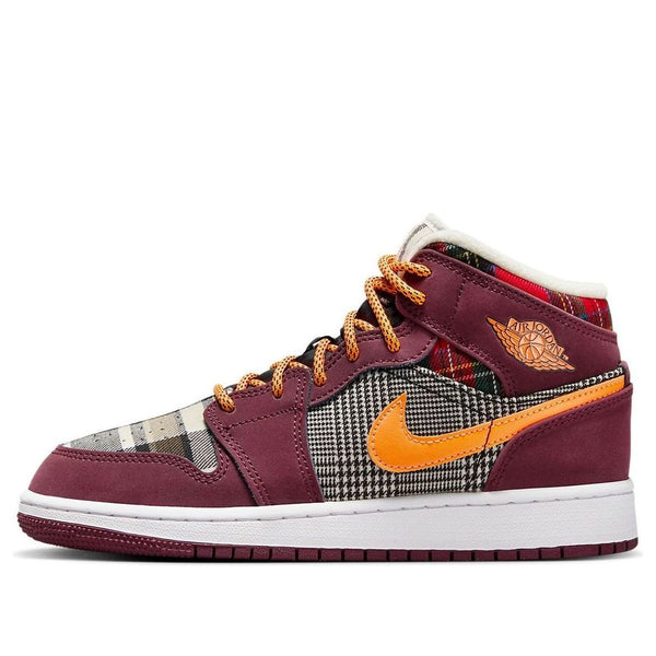 

Кроссовки (GS) Air Jordan 1 Mid 'Plaid', цвет night maroon/black/white/total orange