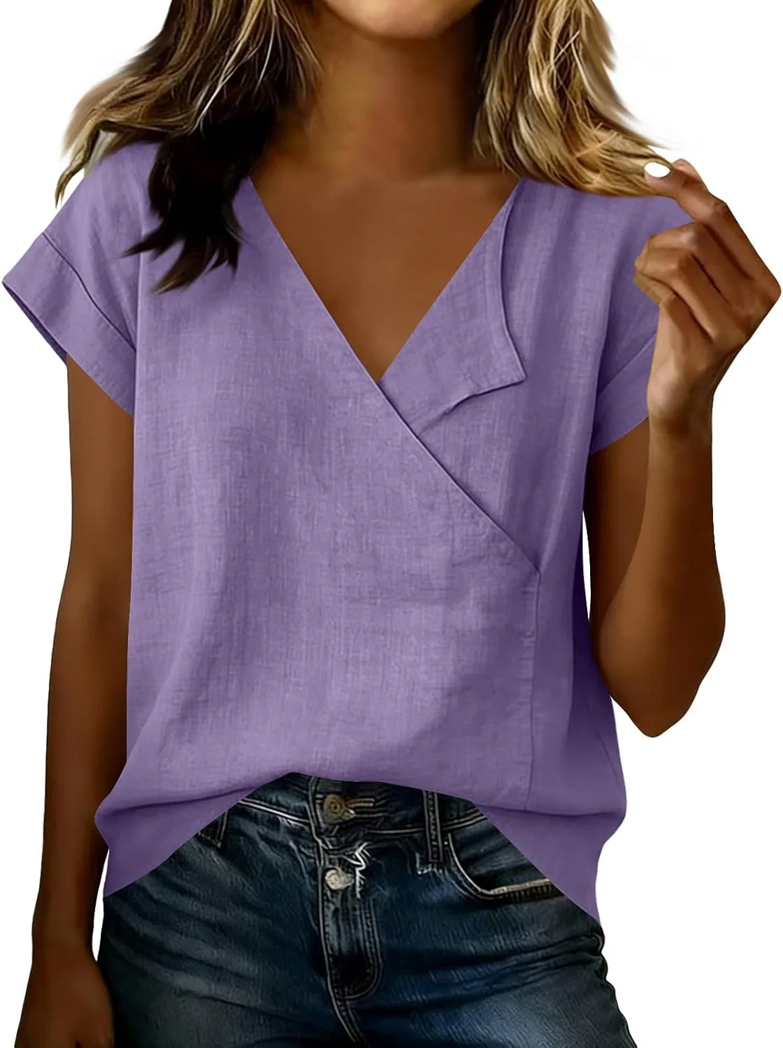 Футболка с запахом V-образным вырезом, Cotton Linen, Light Purple