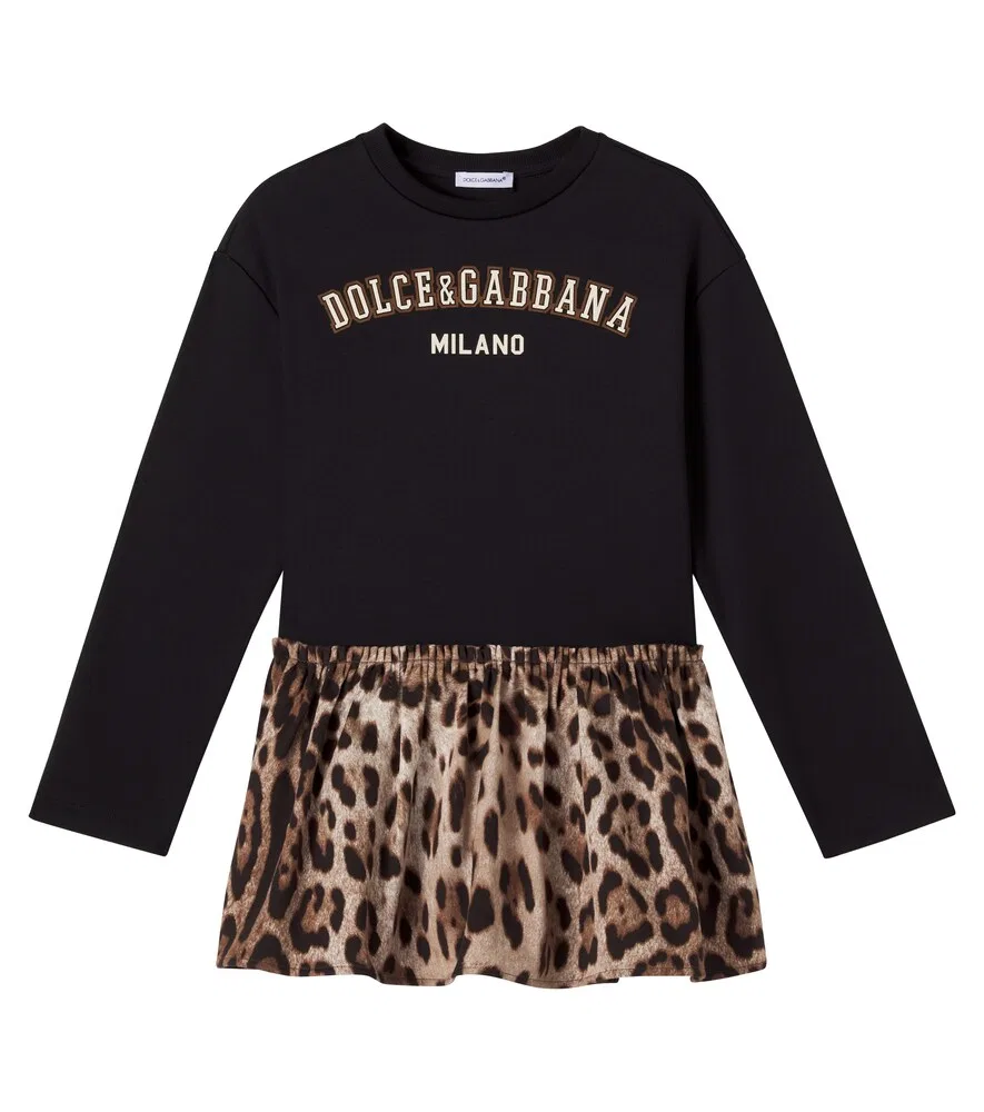 Хлопковое платье с логотипом и леопардовым принтом Dolce&Gabbana Kids, коричневый