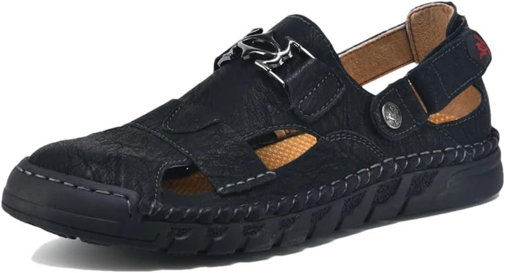 

Мужские дышащие римские сандалии, ручной работы, кожаные тапочки, пляжные сандалии, модный стиль гладиатора с липучкой Generic, черный