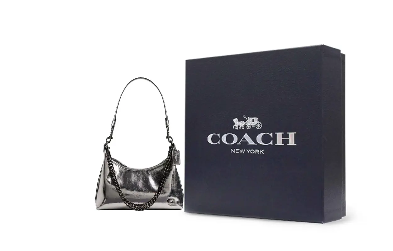 

COACH Металлическая кожаная сумка через плечо среднего размера серебристо-серый