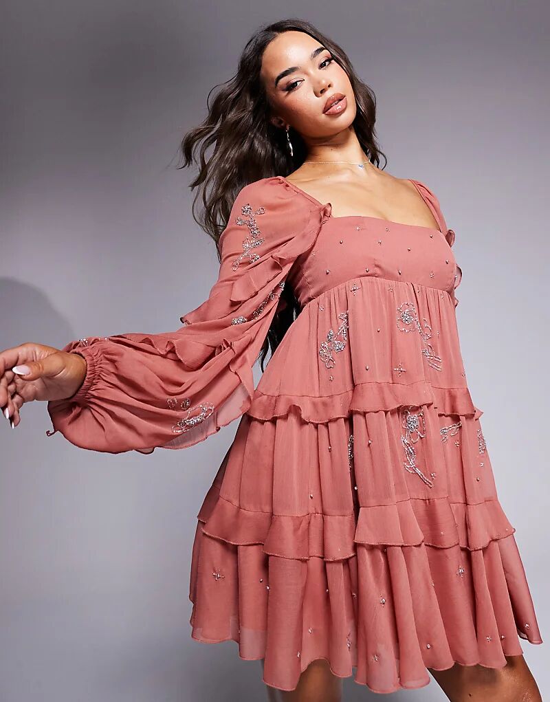 

Мини-платье ASOS DESIGN с оборками, темно-розового цвета
