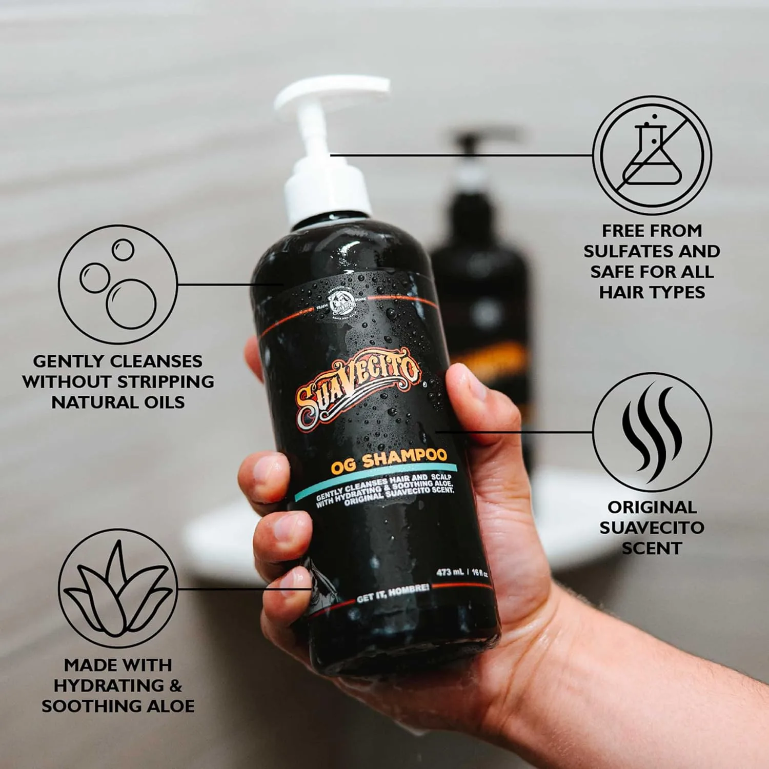 Suavecito OG шампунь 16 унций с помпой, оригинальный аромат - мягко очищает, увлажняет и успокаивает с алоэ, для всех типов волос, восстанавливает блеск, без сульфатов 473 мл (.) — фото 3