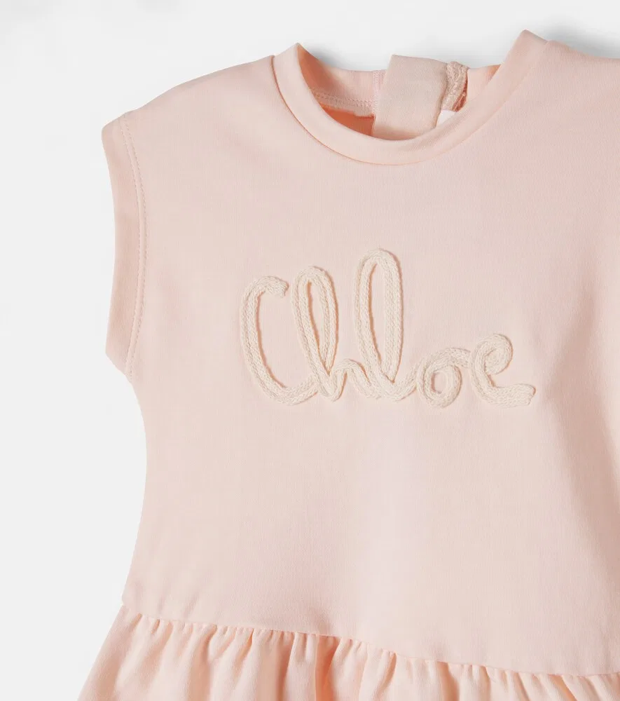 Платье из хлопкового трикотажа с вышитым логотипом Chloé Kids, розовый — фото 4
