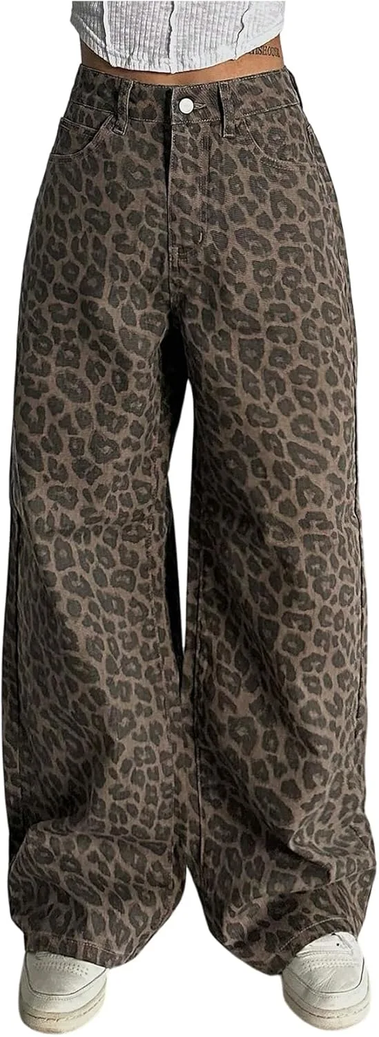 

Женские джинсы Floerns Y2k с леопардовым принтом, широкие, с высокой посадкой