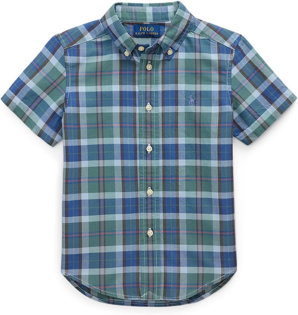 

Рубашка Polo Ralph Lauren Kids Plaid Cotton Oxford Short Sleeve Shirt, цвет Fatigue Blue Multi