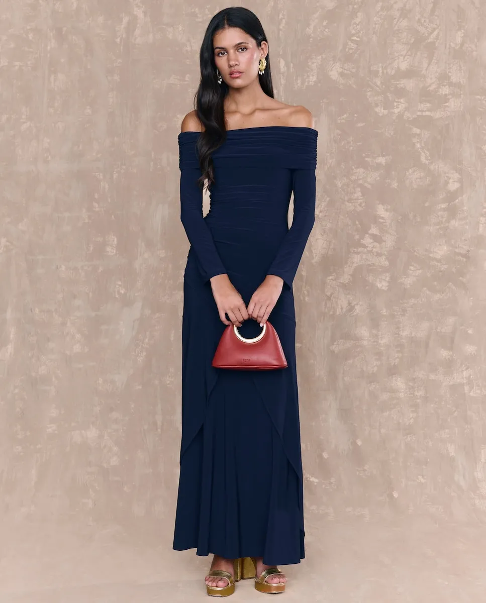 

Длинное платье с вырезом лодочкой и асимметричной юбкой MIPHAI, темно-синий