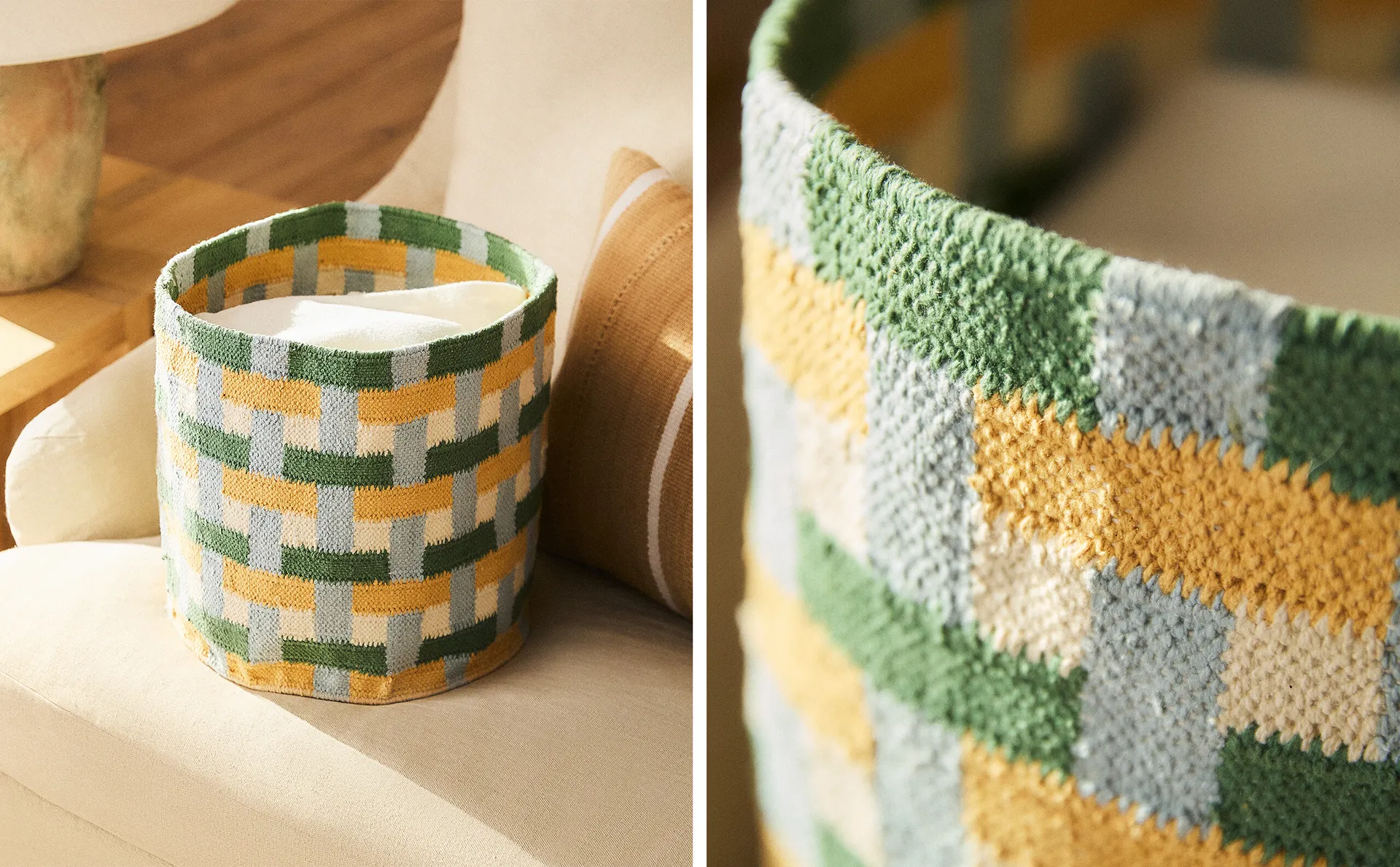 

Зеленая клетчатая корзина-килим Zara Home, зеленый