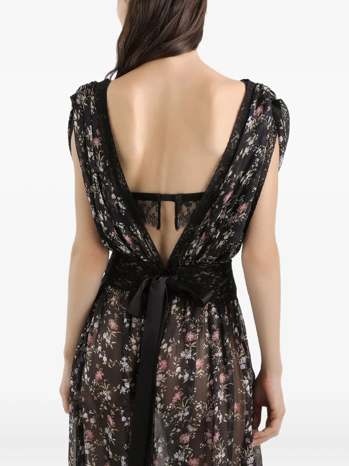 Кружевное платье макси с цветочным принтом Dolce & Gabbana, черный — фото 4