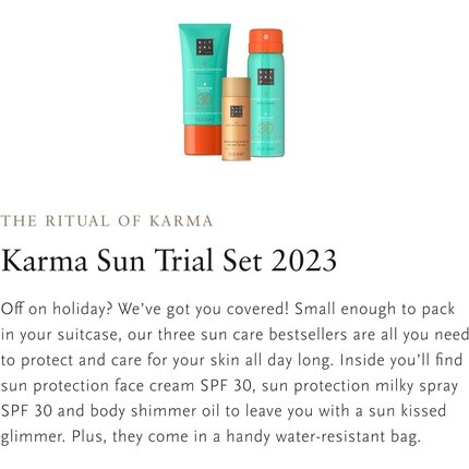Солнцезащитный лосьон для лица The Ritual Of Karma Summer Trio Spf30 и осветляющее масло для тела Подарочный набор для ухода за кожей с защитой от солнца на основе белого чая и цветка лотоса, Rituals — фото 3