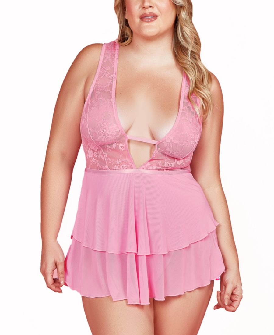 

Комплект нижнего белья большого размера: кружевная пеньюар с глубоким вырезом и трусики (2 предмета) Hauty, Pink